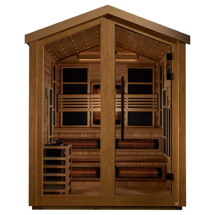 Golden Designs Kaskinen 6 Person Hybrid (PureTech™ Full Spectrum IR or Traditional Stove) Outdoor Sauna - Canadian Red Cedar Interior