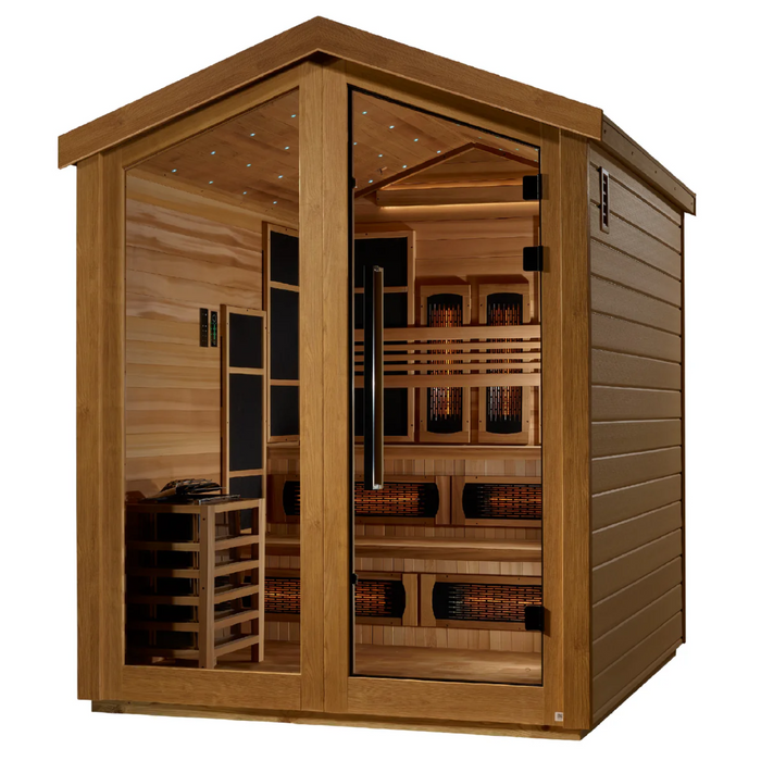 Golden Designs Kaskinen 6 Person Hybrid (PureTech™ Full Spectrum IR or Traditional Stove) Outdoor Sauna - Canadian Red Cedar Interior