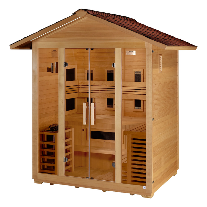 Golden Designs "Gargellen" 5 Person Hybrid (PureTech™ Full Spectrum IR or Traditional Stove) Outdoor Sauna -  Canadian Hemlock