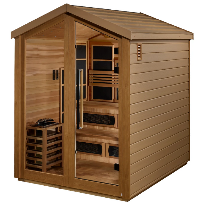 Golden Designs Kaskinen 6 Person Hybrid (PureTech™ Full Spectrum IR or Traditional Stove) Outdoor Sauna - Canadian Red Cedar Interior